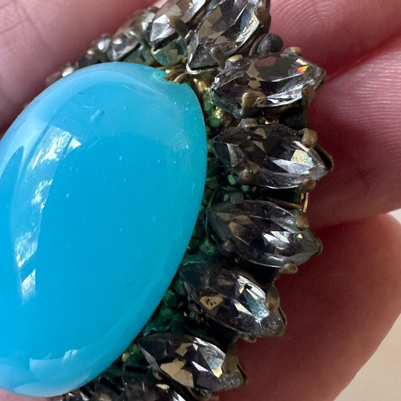 Vintage 1960s French Couture Turquoise Glass Bead Rhinestone Filigree Brooch